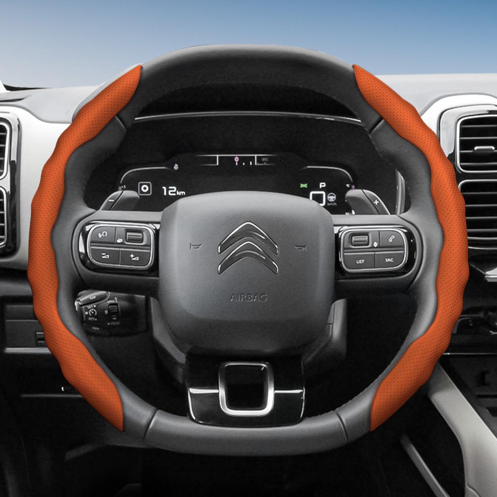 Suitable for Citroen Steering Wheel Cover, Wave-Shaped Sporty Design, Breathable Leather, Segmented Anti-Slip Sweat-Absorbing Steering Wheel
