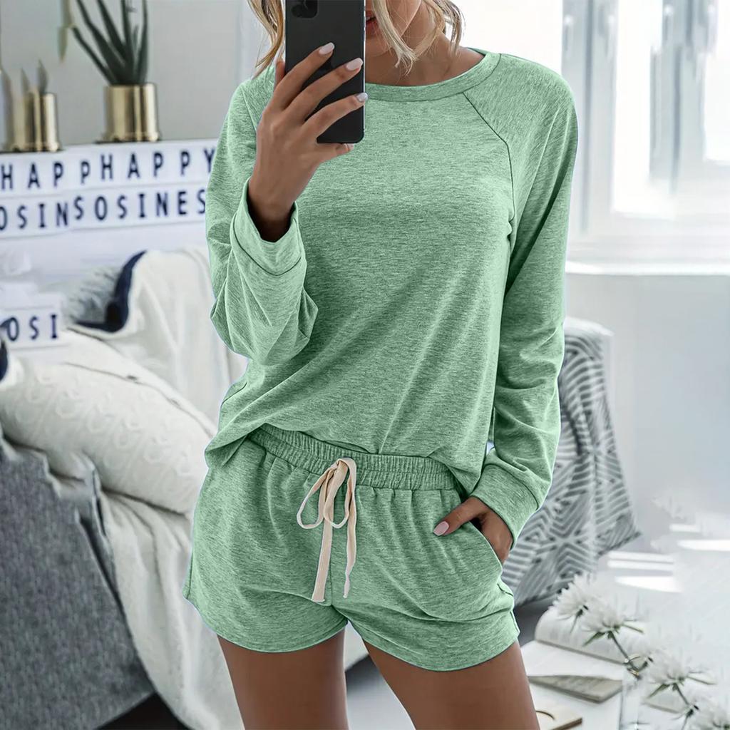 Women's Color Two,Piece Round Neck Long Sleeve Shorts Home Sports Suit