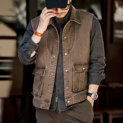 Retro American Workwear Vest Men's Spring New Loose Welding Worker Anti-Scalding No-Sleeve Shoulder Pad Vest Fashion Urban Style