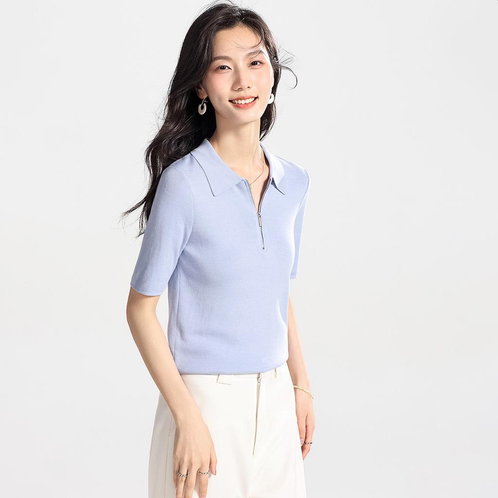Short sleeved T-shirt with mulberry silk, polo collar, knitted sweater, women's summer high-end feeling, women's T-shirt, thin top