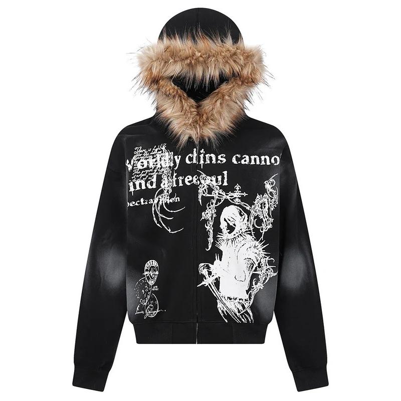 STREETRICH Fur Collar Cardigan Zipper Hooded Jacket Autumn and Winter Punk Hip-hop Rock Dark Style Rock Fashion All-match Y2K Retro Jacket