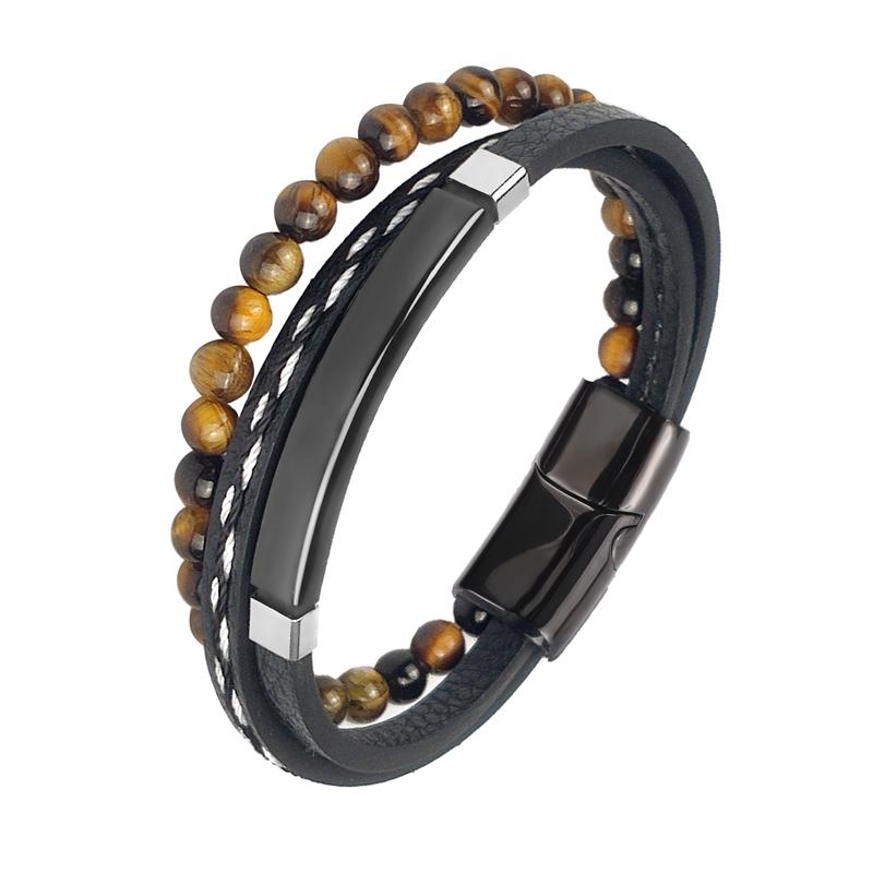 MingAo Charm Herrenschmuck Naturstein Mehrschichtiges Lederarmband Schwarzer Edelstahl Magnetischer Verschluss Tigerauge Perlenarmband