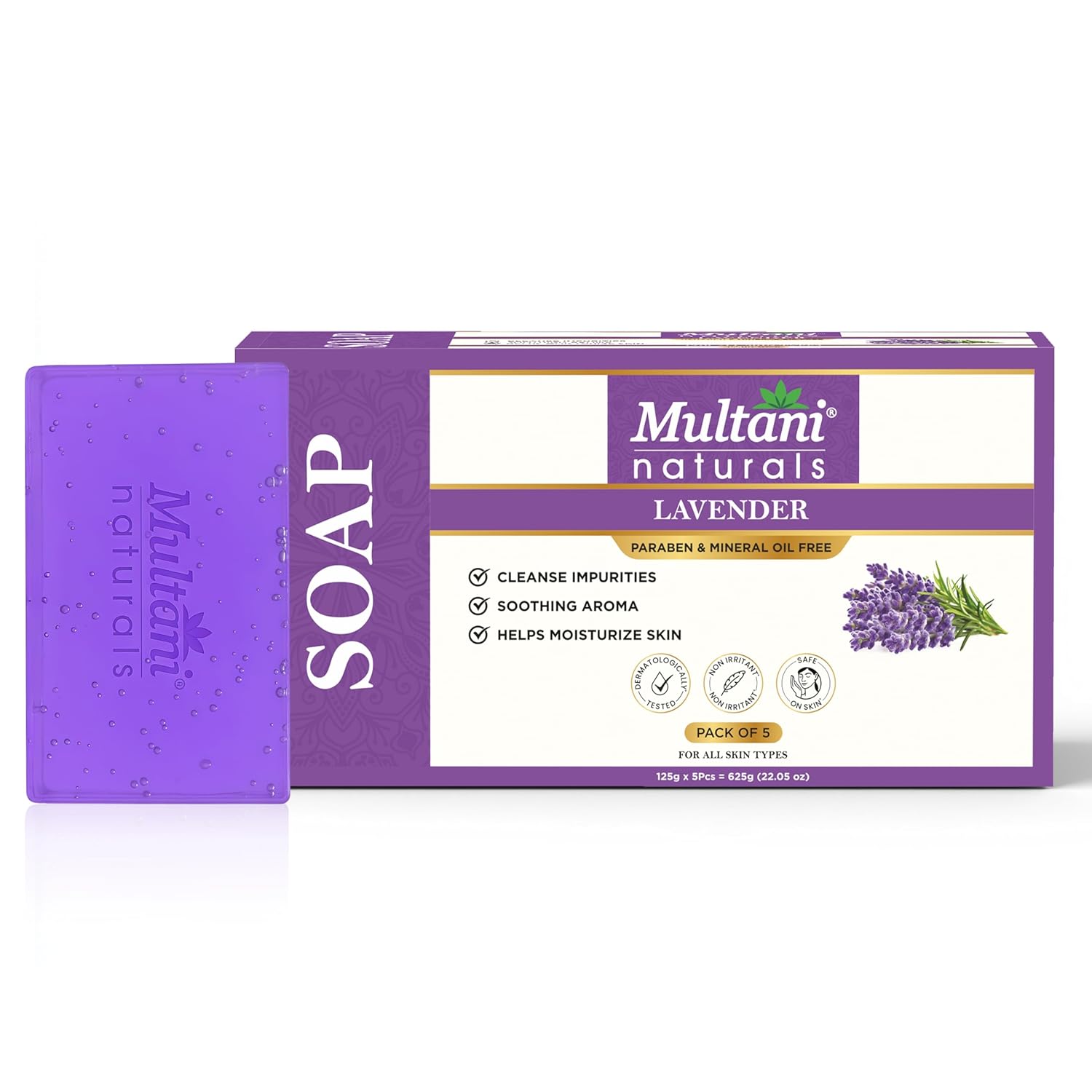 

Multani Natural Lavender Soap Bar 125 Gm Pack Of 5 Pcs For Gentle Cleansing Moisturizing Bathing Soap For All Skin Types