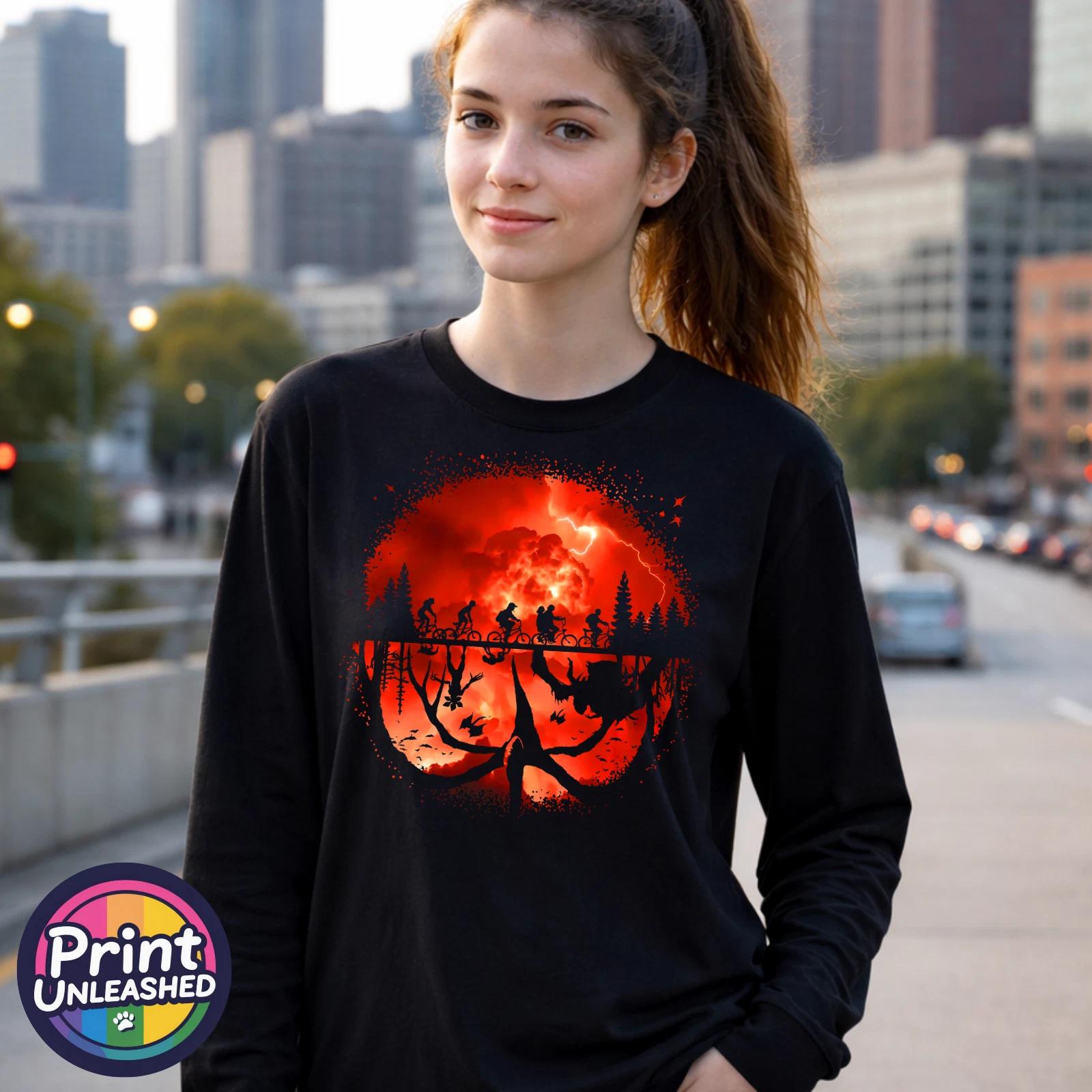 Hawkins Upside Down Tee Graphic Long Sleeve T-Shirt Bold Stranger Print Unisex XL