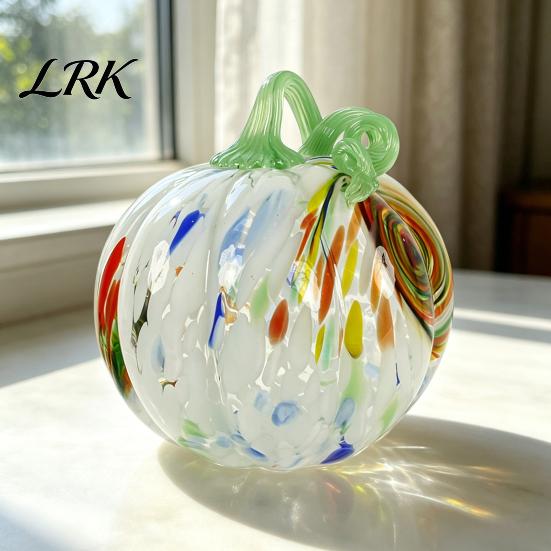 Transparent Pumpkin Figurine Mini Hand Blown Glass Ornament, Collectible Thanksgiving Halloween Handmade Decor Faux Crystal Hanging Decoration