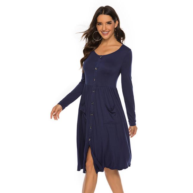 Women Fashion Round Neck Long Sleeve Button Slim Dress Casual Dress