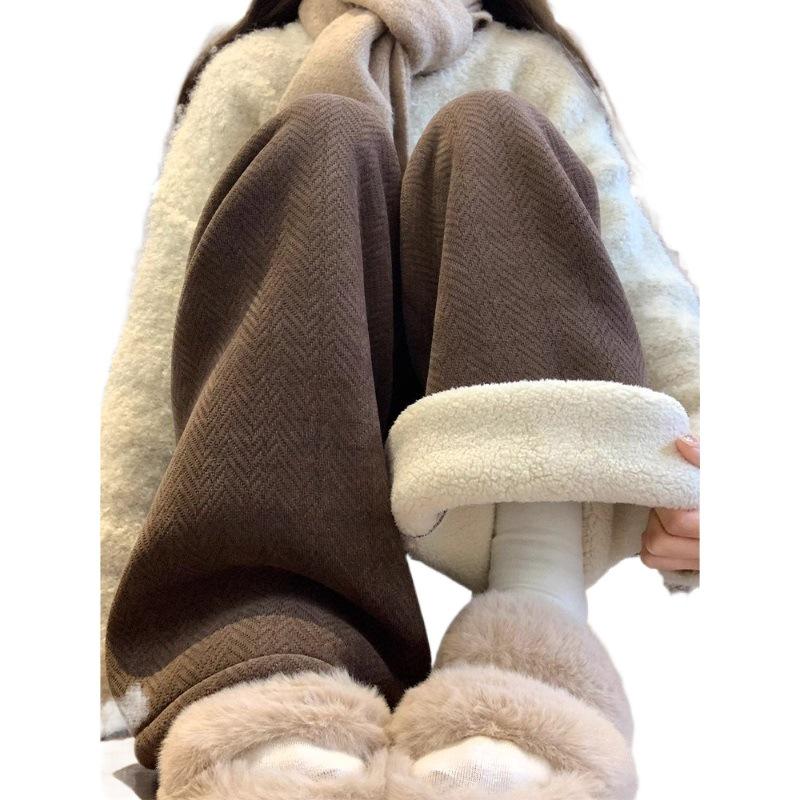 Women's Plus Size Herringbone Fleece-Lined Wide-Leg Pants, M-6XL, Autumn/Winter, High-Waisted, Thick, Casual, Straight