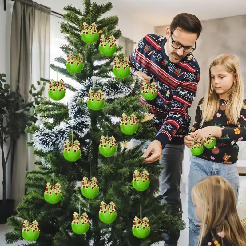 1-12PCS Green Furry Christmas Ball Ornaments with Bow for Tree Christmas Hanging Decor Soft Faux Fur Pom Ball Home Party Supply