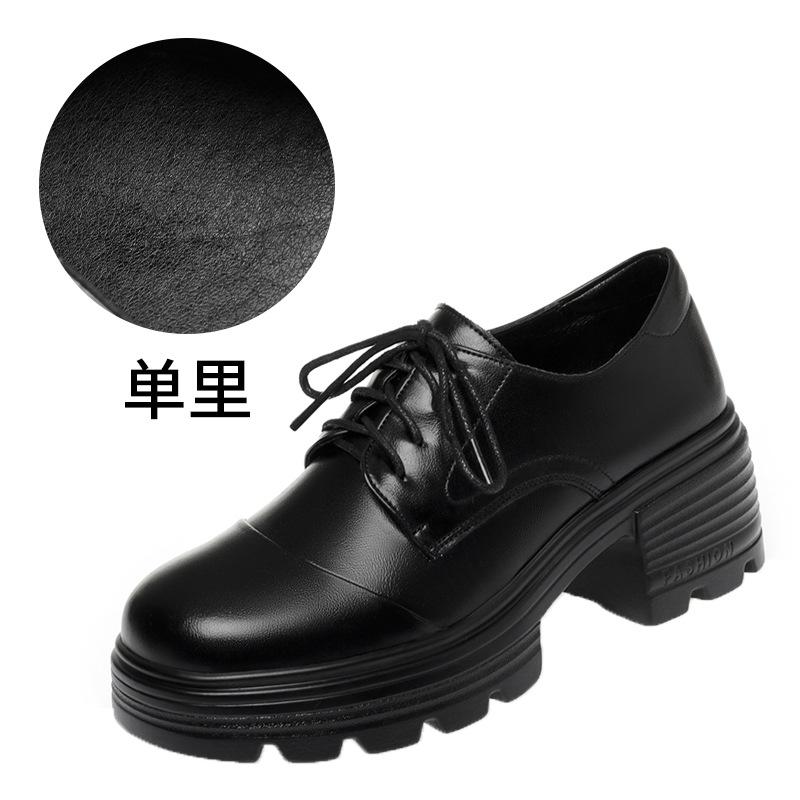 Platform British Black Women's Leather Shoes Fashionable Foreign Style Lace-up Thick Heel Women's Shoes New Comfortable Single Shoes