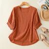 Women Round Neck Puff Three Quarter Sleeve Solid Textured Cotton Blouse Multi Colors