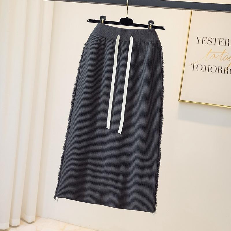 Autumn/Winter 2025 High-Waisted Drawstring Fringe Midi Knit Skirt for Women