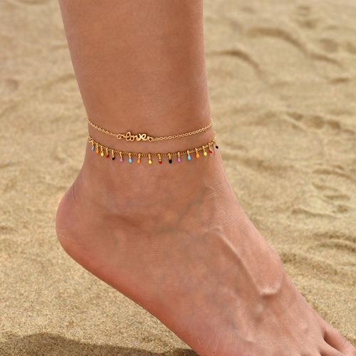 14K Gold Zircon Diamond Anklet Set Pearl Stained Glass Beaded Chain Foot Accessories