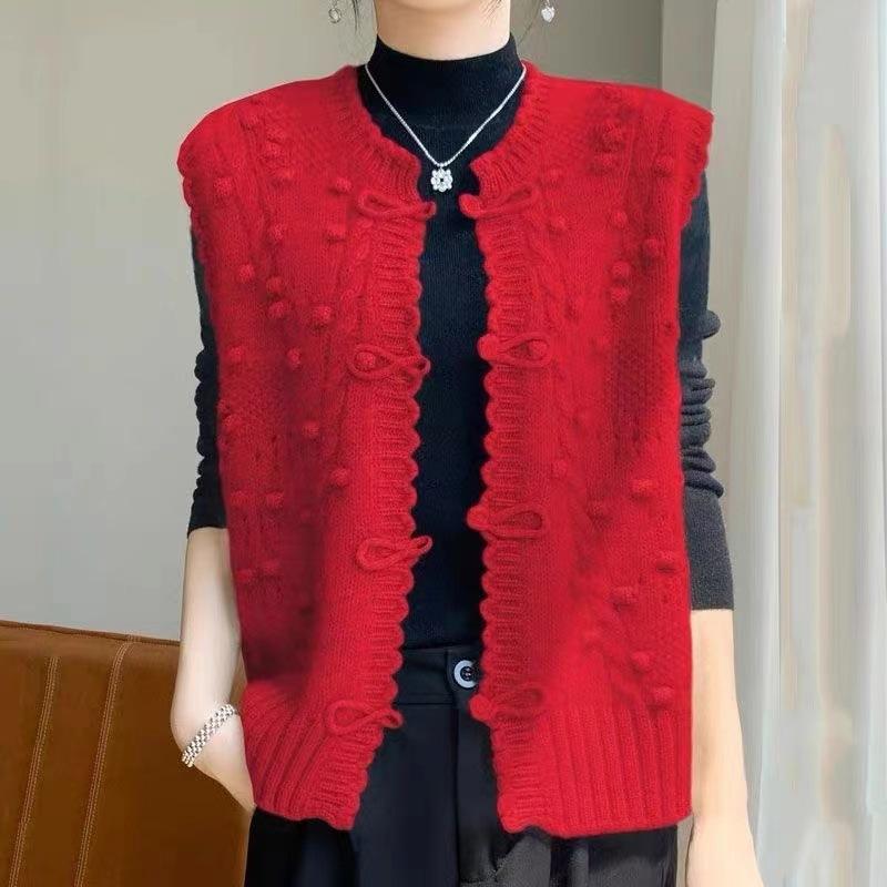 

Women s Knitted Sweater Vest Autumn and Winter New Chinese Style Buckle Knitted Vest S червоний