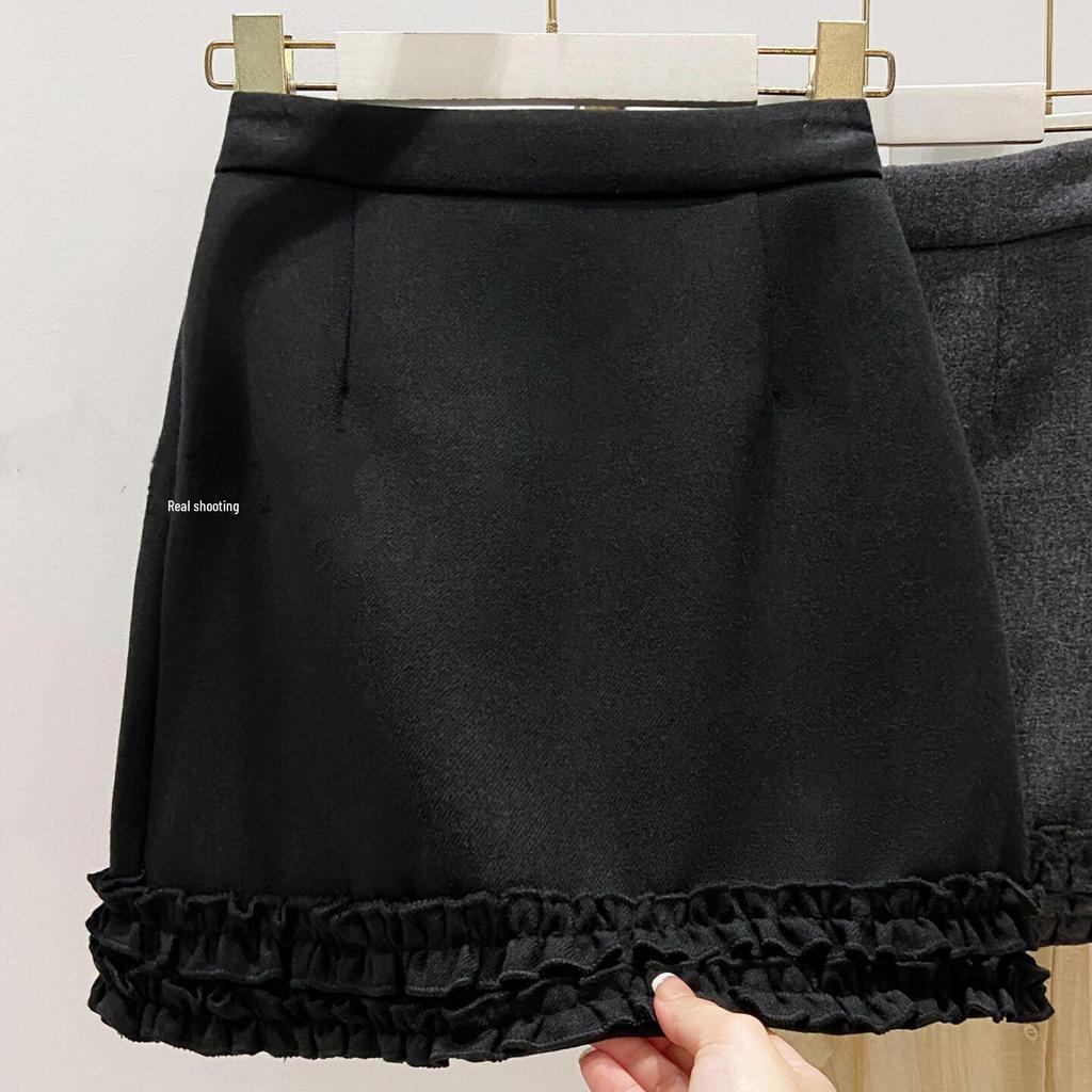 Women's College Style Wool Blend A-Line Skirt with Ear Trim, Thickened for Slimming Fit, Spring/Autumn, Plus Size