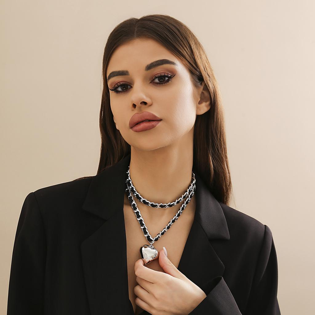 PuRui Trendy Kjærlighetshjerte Anheng Halskjede for Kvinner Lenkekjede Med PU-tau Sjarm Choker Zirkon På Halsen Damer Elegante Gaver