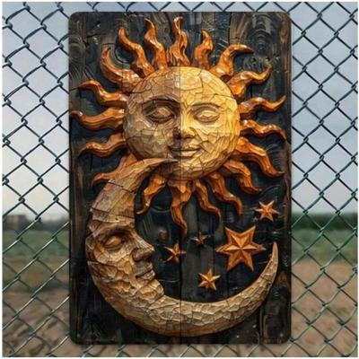 Vintage Okrągły Metalowy Znak Słońce Księżyc Sztuka Ścienna 12 Cali Astrologia Wystrój Domu