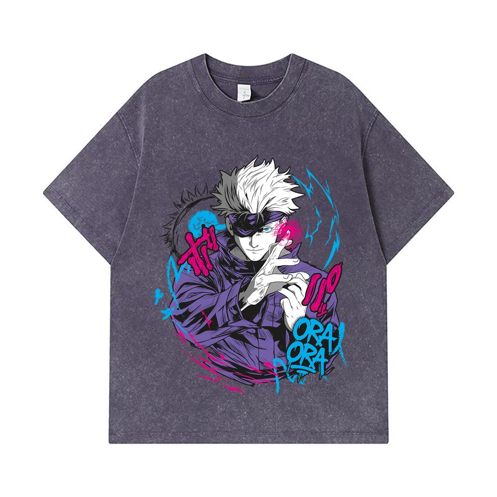 275 GSM Washed T-shirts 100% Cotton Jujutsu Kaisen V59 Gojo Print Unisex Heavy Cotton T Shirt
