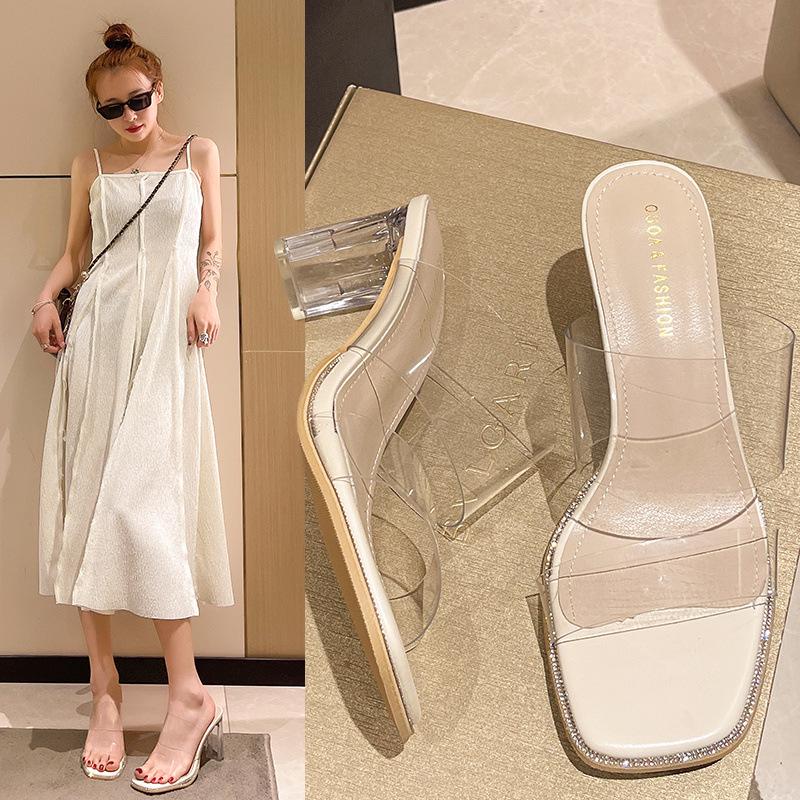 Rhinestone Transparent Cool Slippers Women's 2025 New Versatile Summer Medium Heel Thick Heel High Heel Fairy Style Sandals