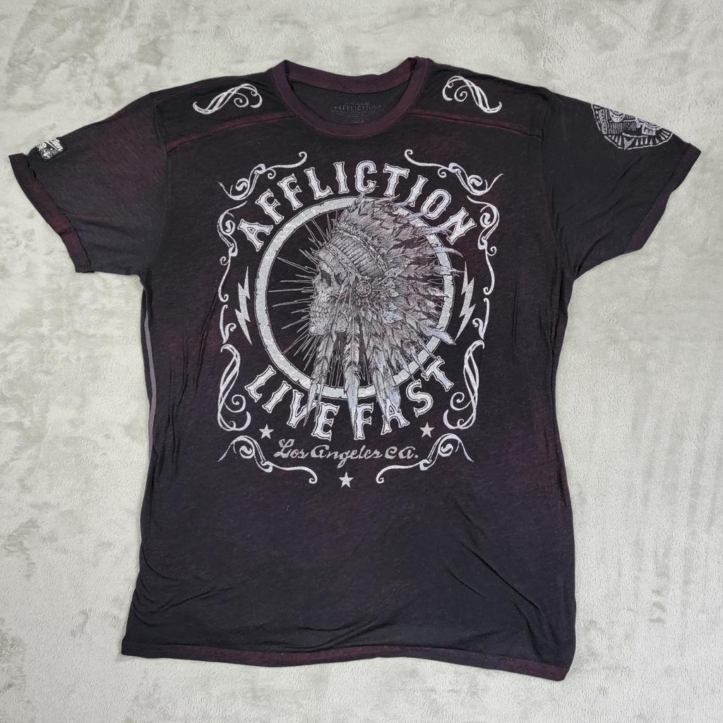Affliction Live Fast T Shirt Mens 3XL Stretch Indian Native Skull Dbl Sided Thin Unisex T-Shirt