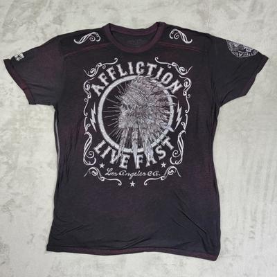Affliction Live Fast T Shirt Mens 3XL Stretch Indian Native Skull Dbl Sided Thin Unisex T-Shirt
