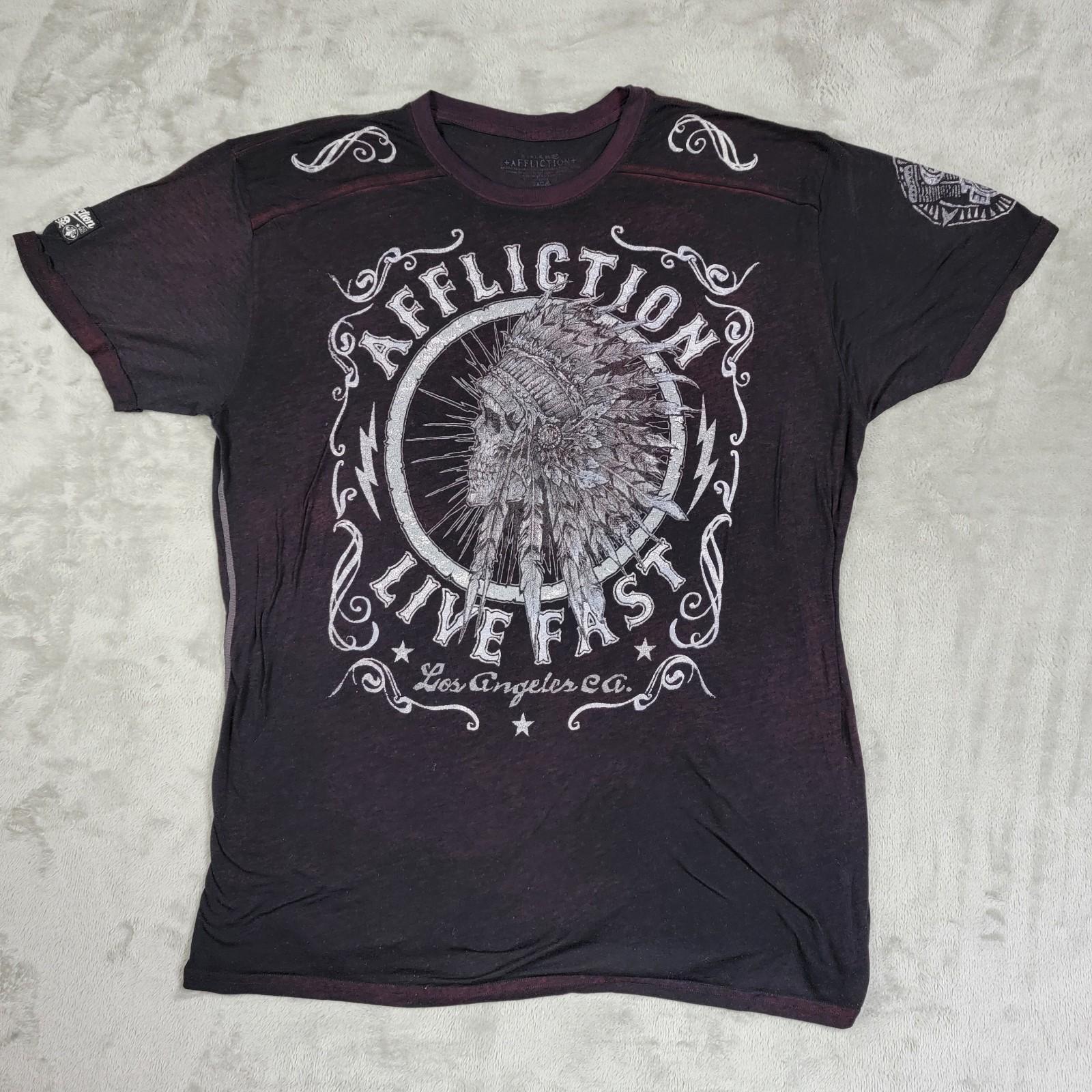 Affliction Live Fast T Shirt Mens 3XL Stretch Indian Native Skull Dbl Sided Thin Unisex T-Shirt S