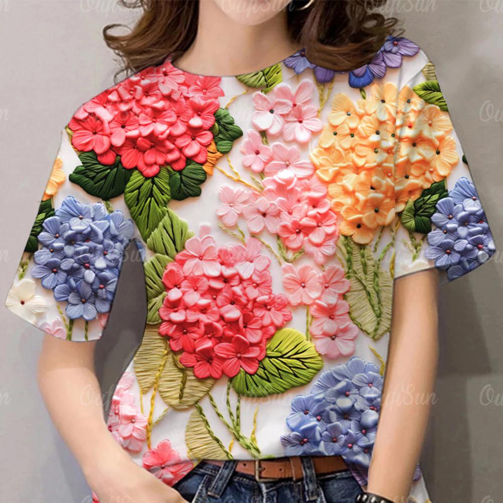 3D Printed Women s Flower T-shirt Casual Short Sleeve Large T-shirt XS