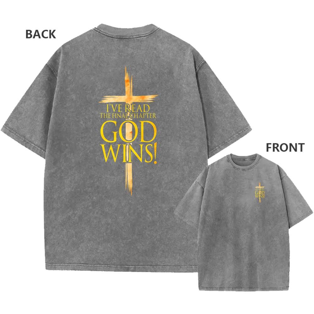 Mens Vintage Oversized Washed TShirt Cotton God Wins Faith Cross Casual Tee