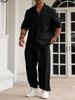 Men's Cotton and Linen Casual Button Up Shirt, Short Sleeved Pants, Solid Color Casual Suit