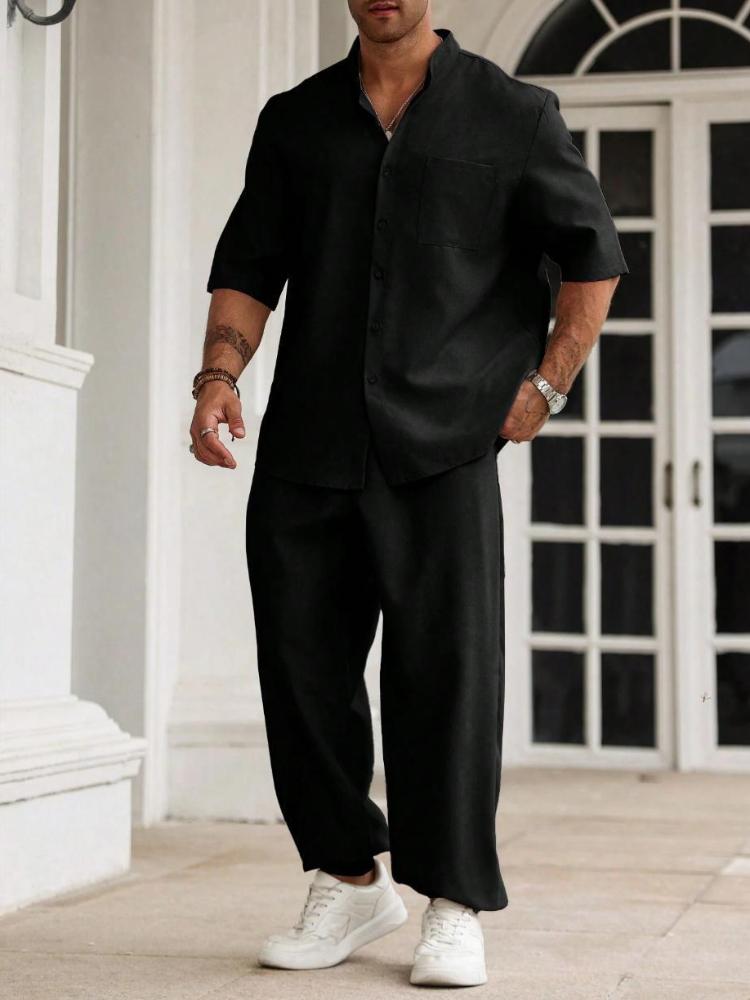 Men's Cotton and Linen Casual Button Up Shirt, Short Sleeved Pants, Solid Color Casual Suit