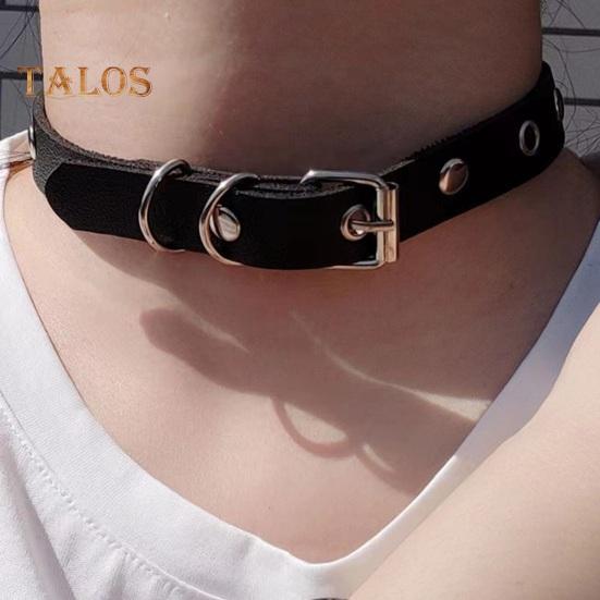Men Necklace Vintage Punk Style Adjustable Faux Leather Solid Color Bukle Pin Neck Belt Party Club Choker Adult Jewelry