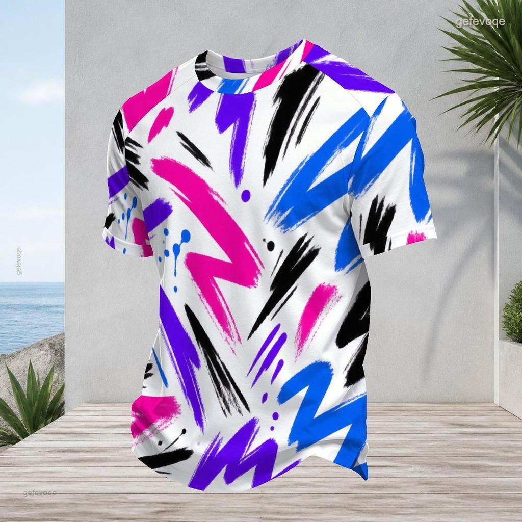 Mens Plus Size Round Neck Raglan Short Sleeve T Shirt Abstract Printed Multicolor