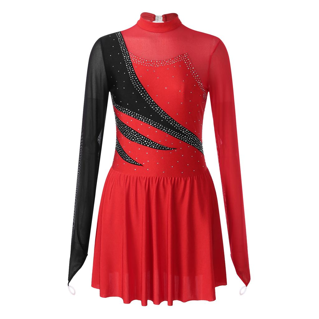 Dlouhý rukáv Tyl Všitý Výřezy Záda Kolečkový krasobruslařský dres Šaty Gymnastické Baletní Taneční Kostýmy