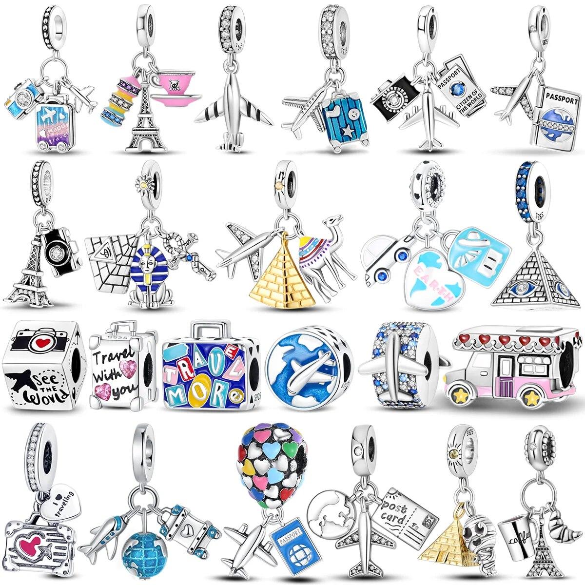 

925 Sterling Silver Travel Aircraft Charms Beads Trunk Journey Pyramid Dangle Fit OriginalNew Bracelet DIY Gift Jewelry