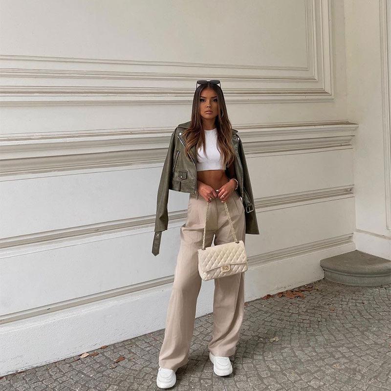 Spring Autumn Women Faux Pu Leather Short Jacket with Belt Motorcycle Biker Female Zipper Lapel Loose Coat Outwear