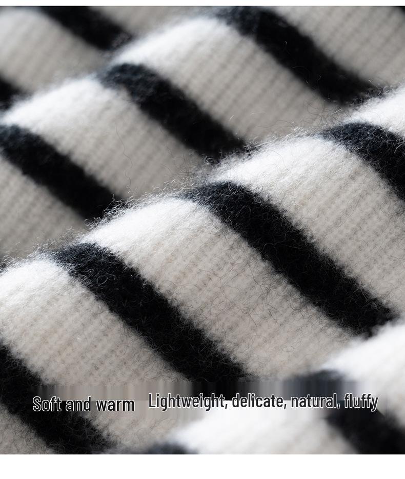 Autumn Winter Striped Round Neck Women's Cashmere Knit Sweater Pullover