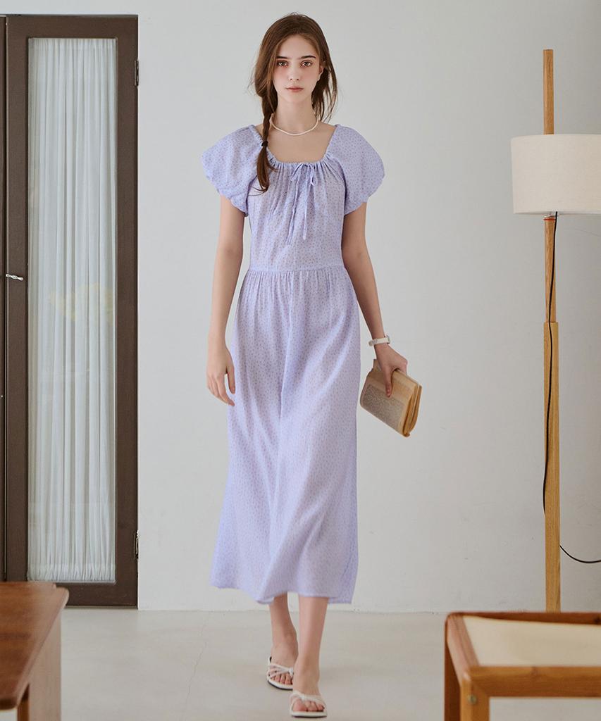 Slow Lolly Blossom Shirring Long Dress - Blue