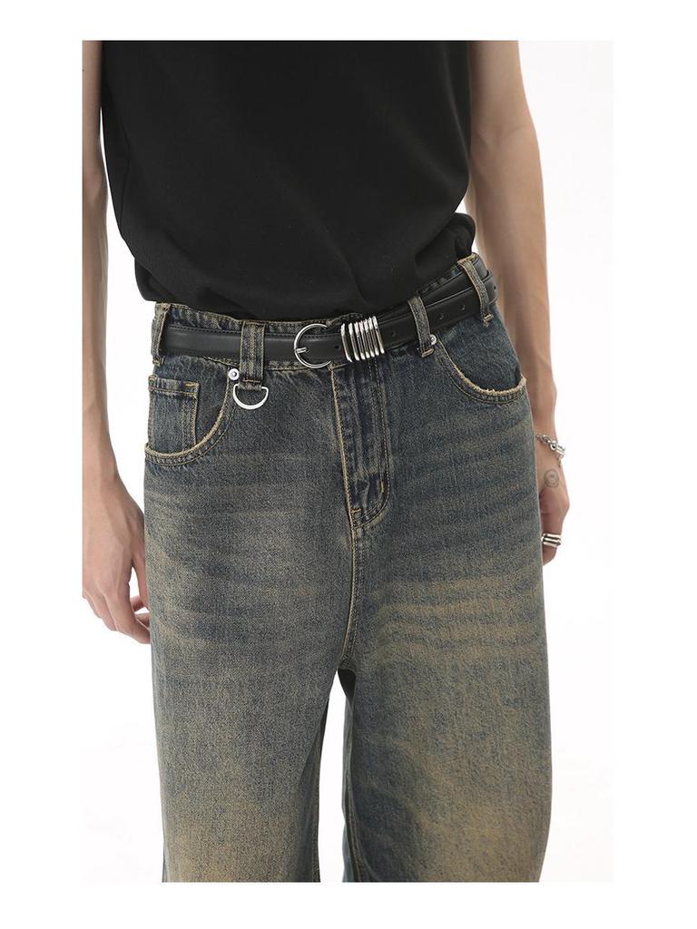 2024 Unisex Retro Hong Kong Style Wide-Leg Jeans - Blue, All-Season