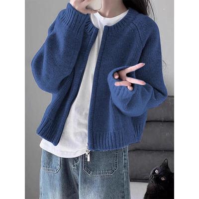 Women's Retro Blue Knitted Cardigan: Soft Autumn Sweater Coat with Zipper
