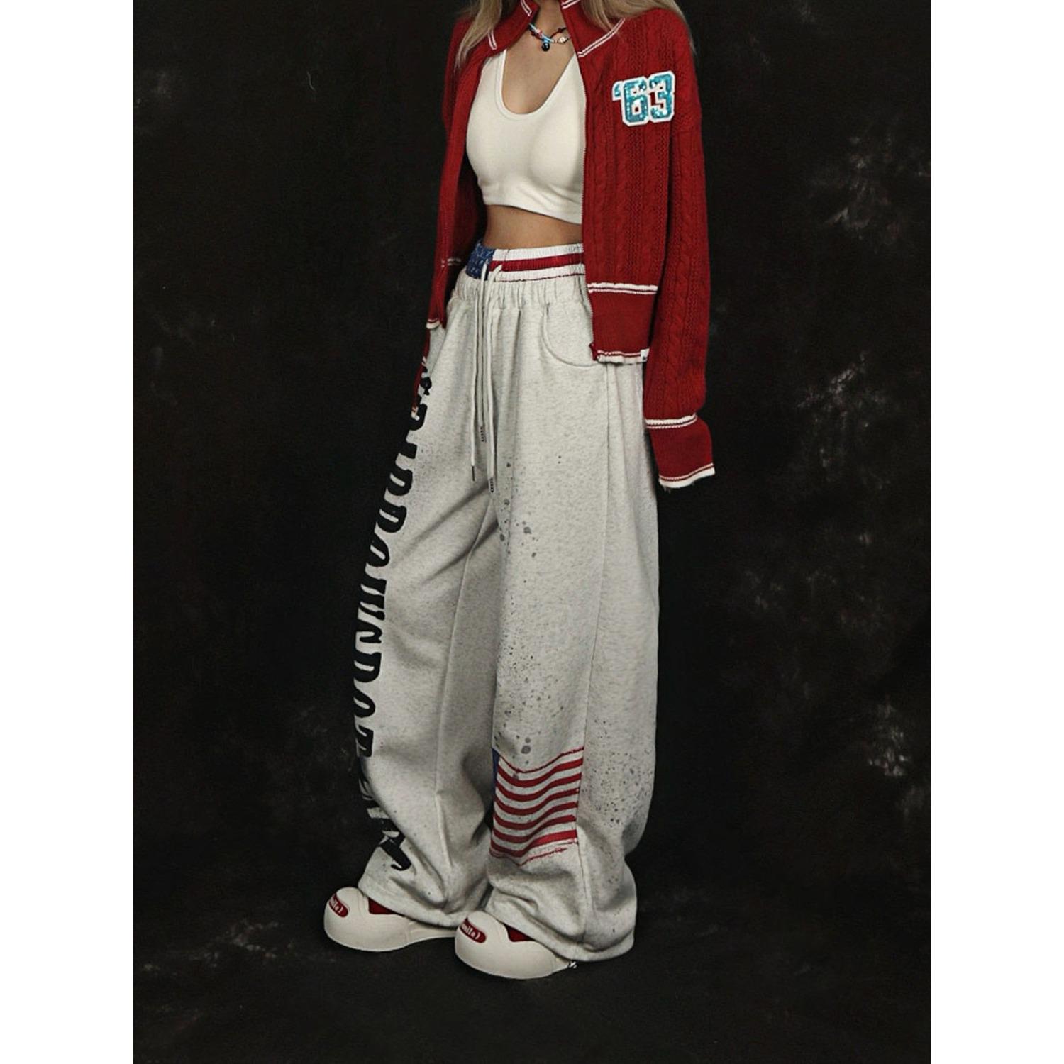

American Retro Flag Print Wide-Leg Sweatpants with Double Waistband M серый