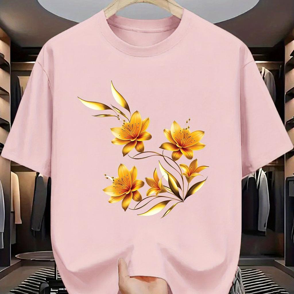 Golden Floral Print Mens Cotton Graphic Tee Casual Short Sleeve TShirt Breathable Summer Fashion