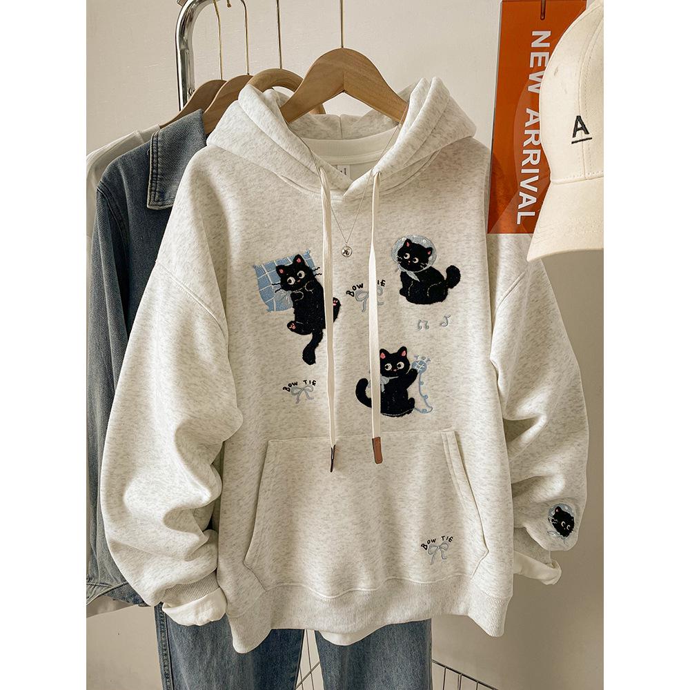 Damen Besticktes Graues Sweatshirt, Herbst/Winter 2025, Locker Geschnitten Übergröße, Petite Oberbekleidung Top