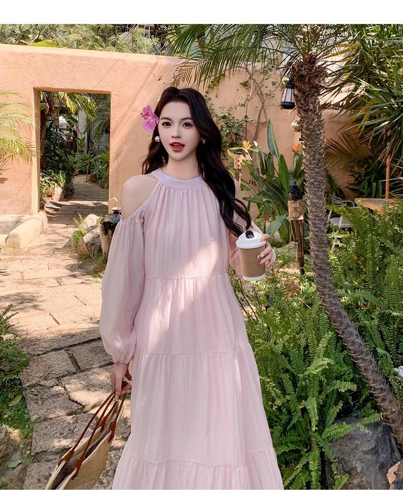 Light blue seaside vacation dress women's spring and summer new models are popular today, beautiful and sweet off-the-shoulder fairy skirt
