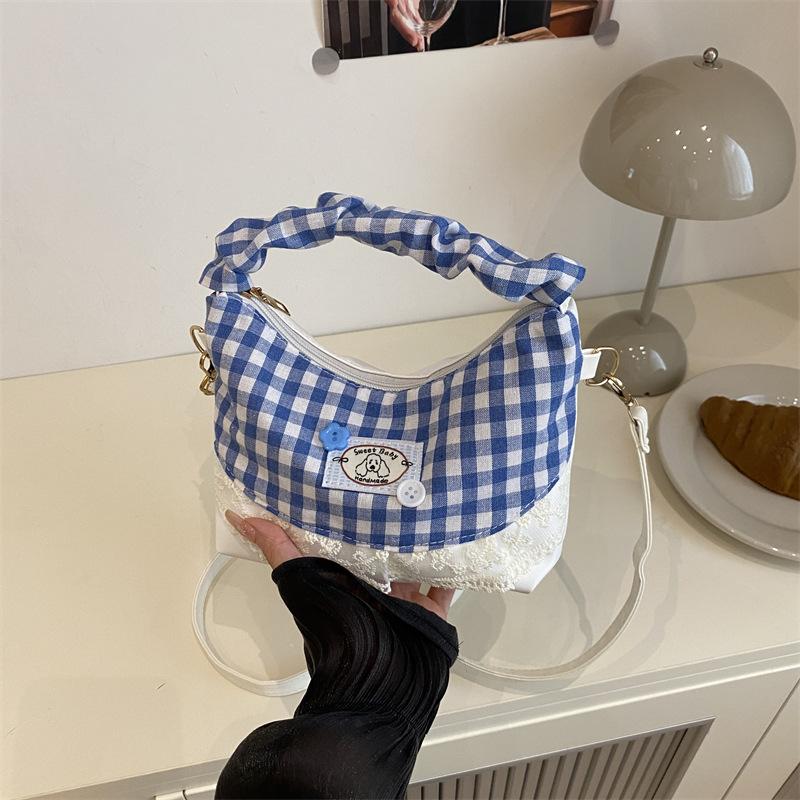 Sweet plaid handbag female foreign girl versatile shoulder bag fashionable small fresh lace messenger bag