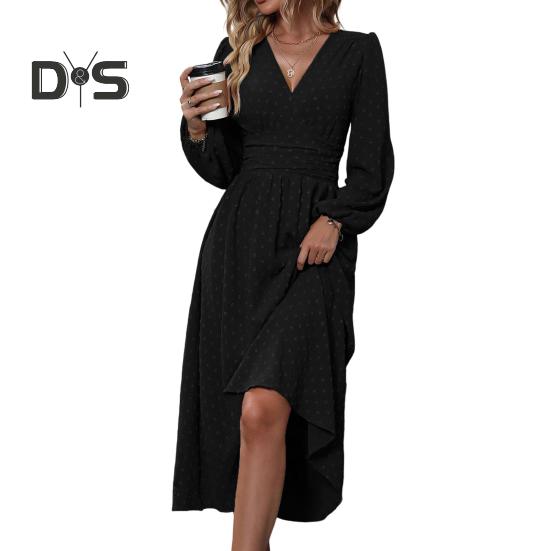 Women Spring Fall Dress V Neck Slim Waist Long Bubble Sleeves A-line Pleated MId-calf Length Flowy Dress Prom Party Dating Midi Dress