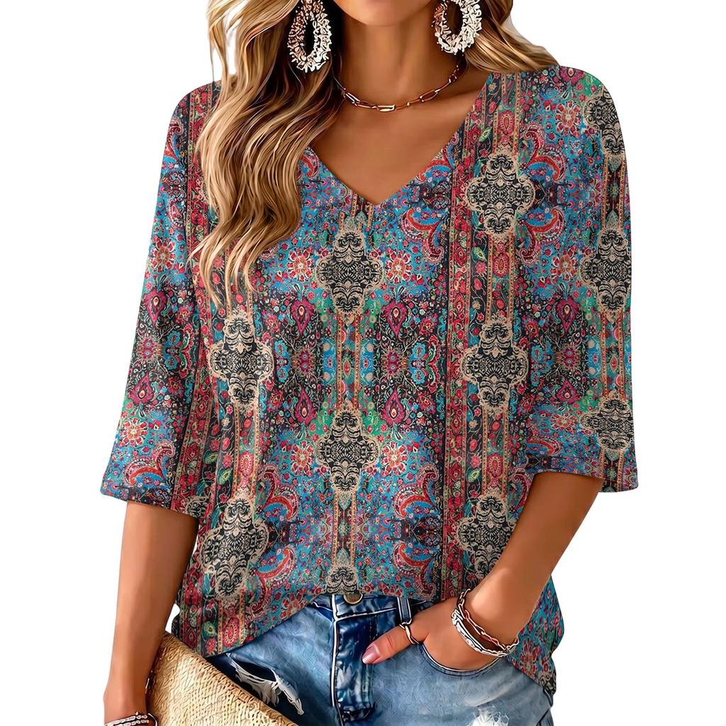 Women's Floral Print V-Neck Blouse Lightweight for Spring and Summer