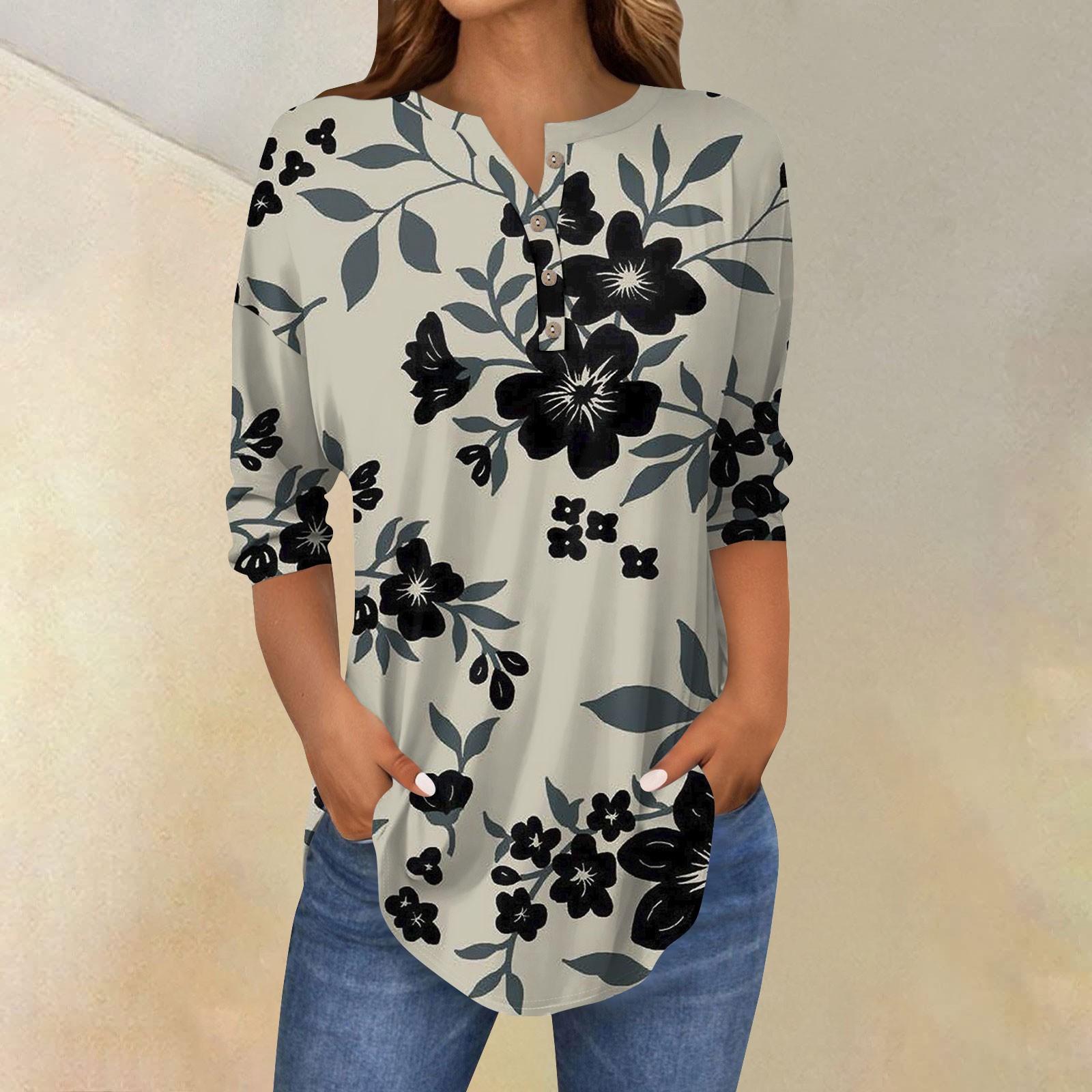 

Жіноча вільна футболка-пуловер з коміром на ґудзиках і рукавом три чверті XL хакі