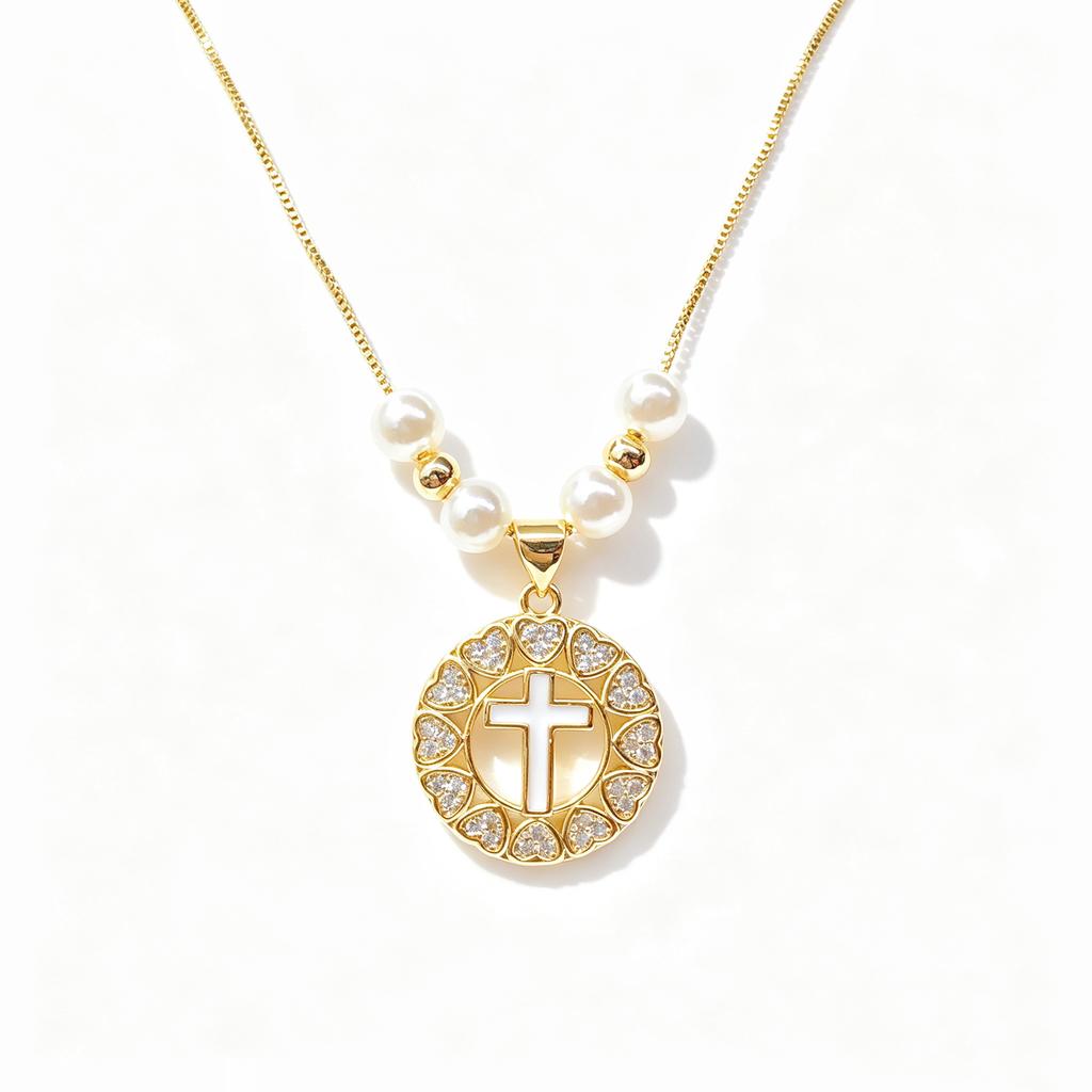 White Black Red Enamel Art Cross Zirconia Pendant Necklace: New Fashion for Women Party Pearl Chain Choker Religious Prayer Gift