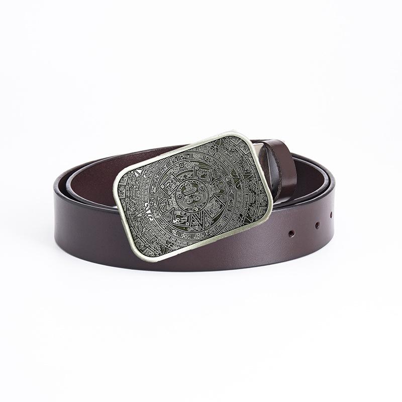 

Блестящий ремень из цельной коровьей кожи, древний ремень из цинкового сплава с ацтекским календарем, большой размер в стиле ретро из чистой кожи. 130cm