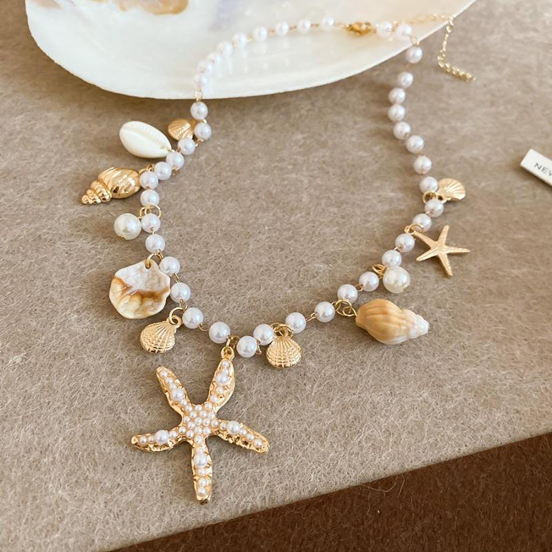 Sea Breeze Whispering~ Star Shell Conch Pearl Necklace Bracelet Set Sweet Holiday Wind Huge Good-looking Jewelry Women