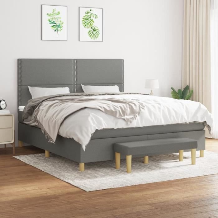 3137094 vidaXL Lit à sommier tapissier avec matelas Gris foncé 180x200cm Tissu
